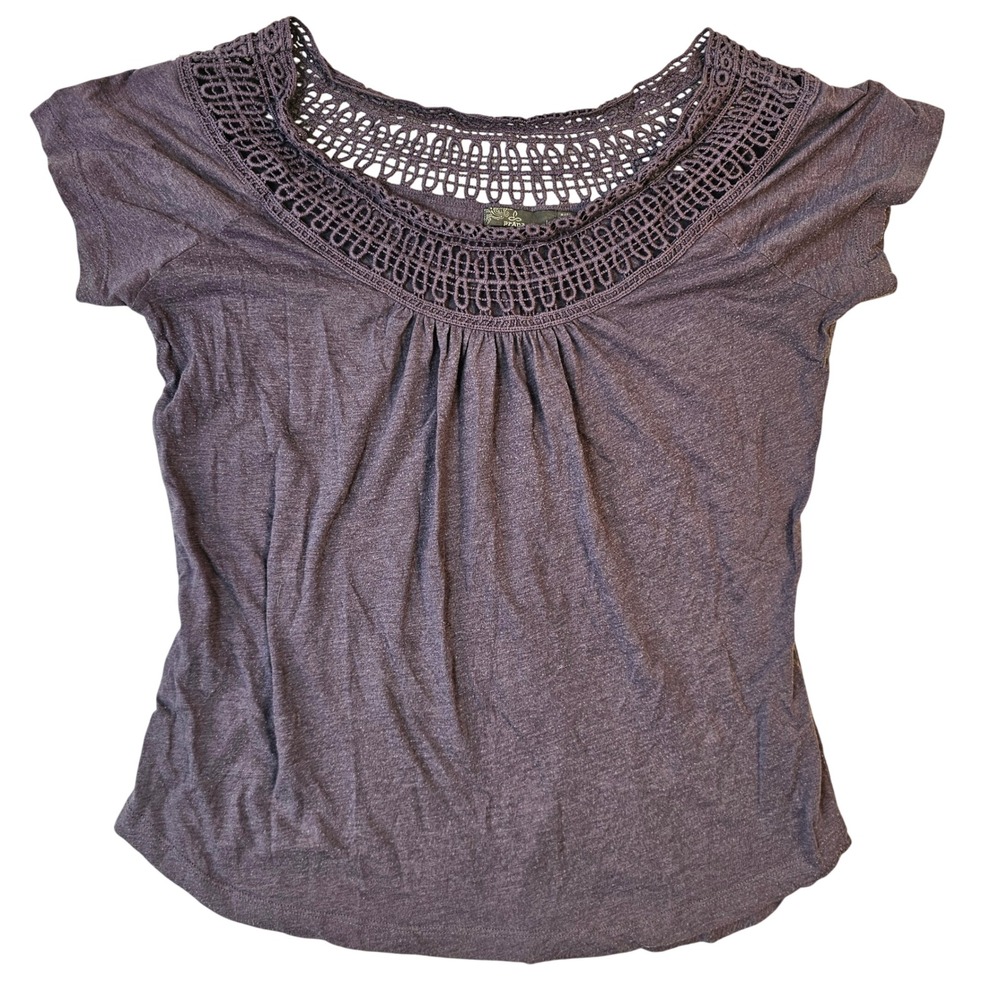 Prana Womens Purple Crochet Lace Neck Short Sleeve Boho Top Size Large
